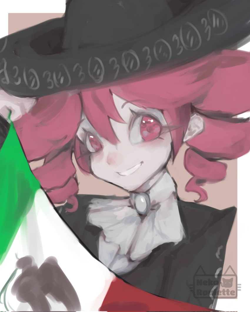 1girl, drill_hair, hair_between_eyes, hat, highres, kasane_teto, looking_at_viewer, mariachi, mexican_clothes, mexican_flag, mexican_teto, mexico, nekoroulette, red_eyes, redhead, smile, solo, sombrero, twin_drills, utau, vocaloid