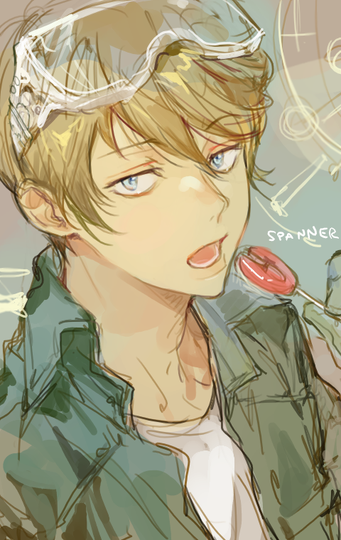 1boy, blonde_hair, blue_eyes, blue_jacket, candy, food, goggles, goggles_on_head