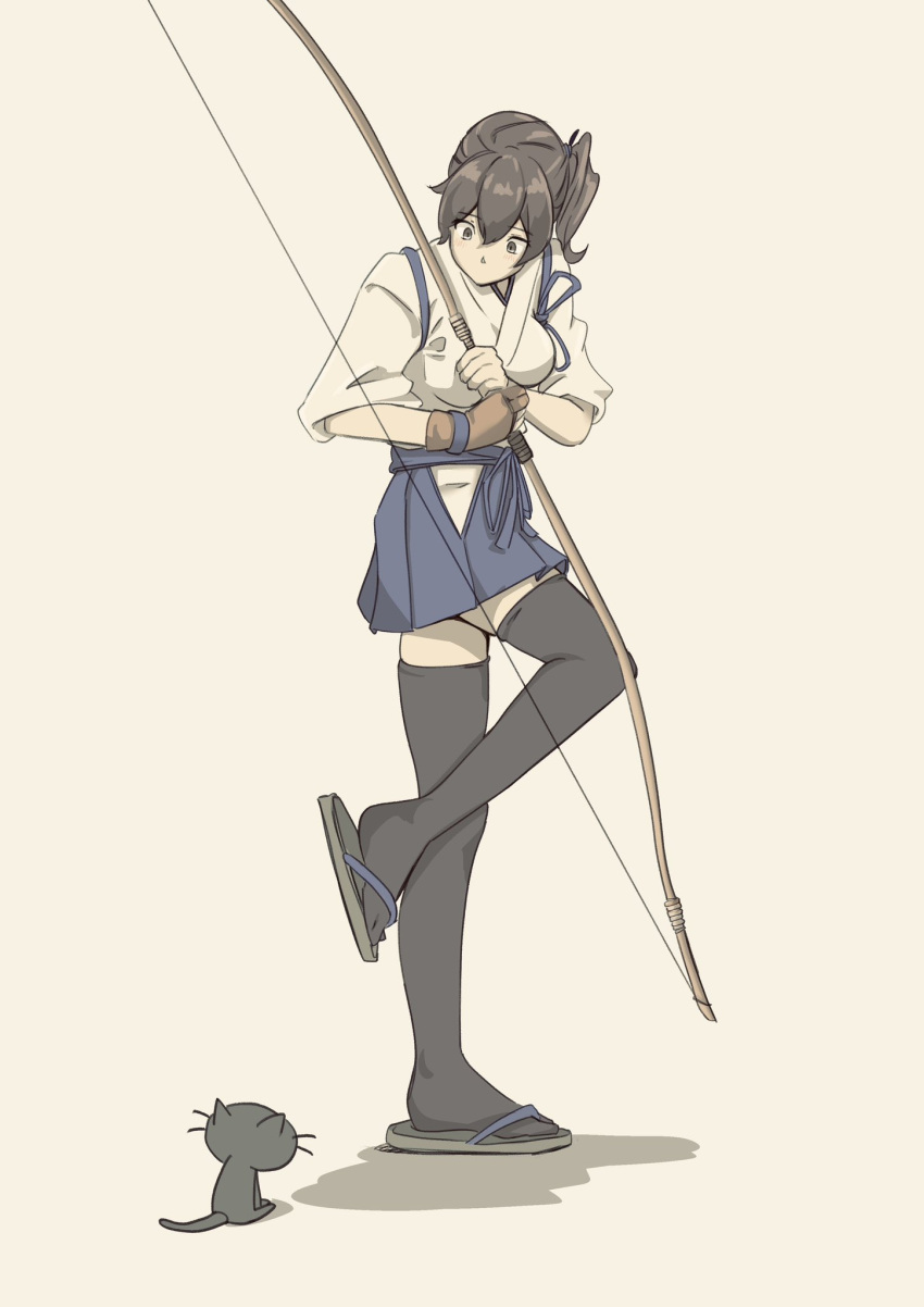 1girl, black_cat, black_thighhighs, blue_hakama, bow_(weapon), brown_eyes, brown_hair, cat