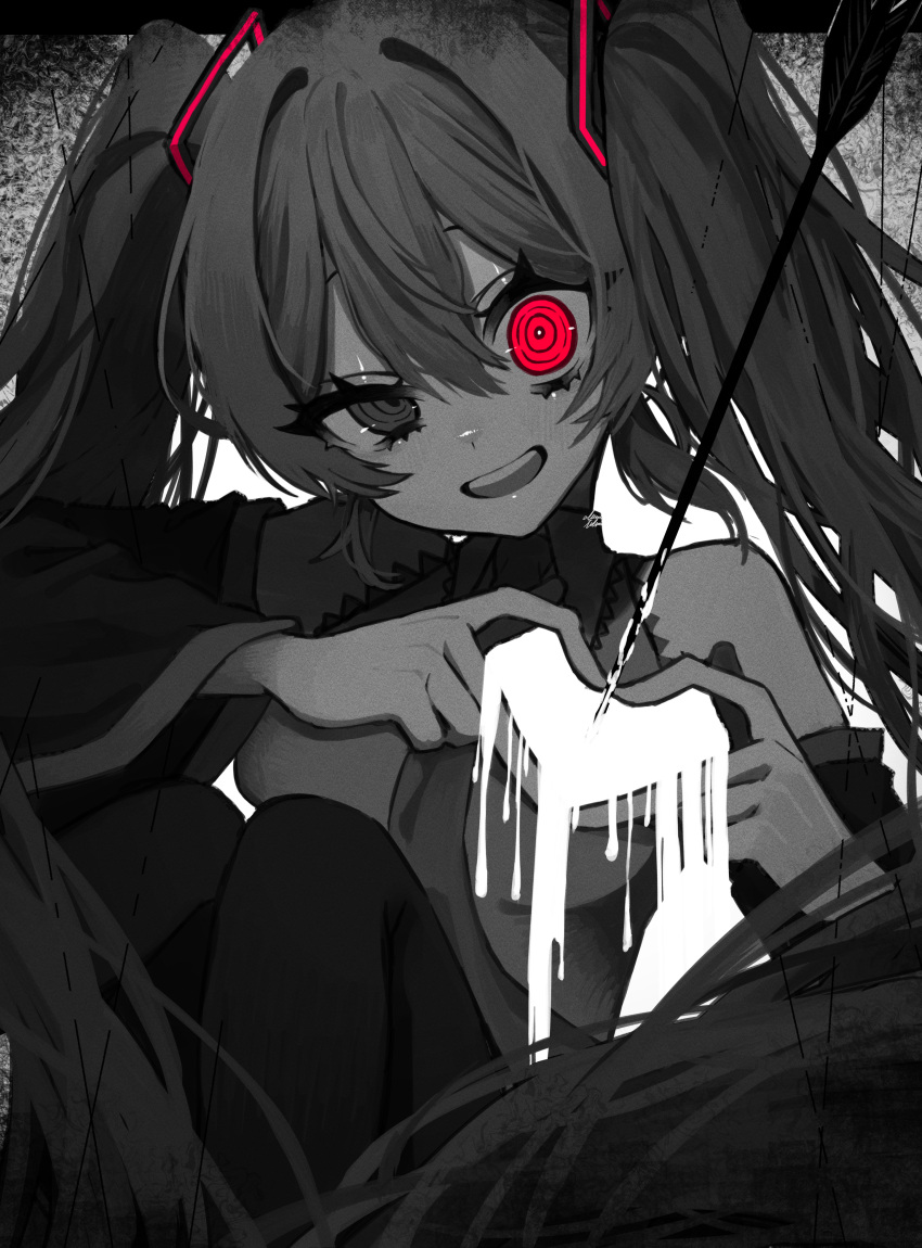 1girl, 4-finger_heart_hands, absurdres, aduma_tobari, arrow_(projectile), bare_shoulders, crazy_eyes, detached_sleeves