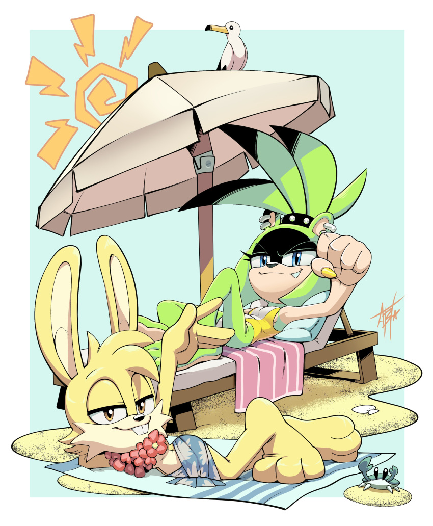 1boy, 1girl, absurdres, adam_bryce_thomas, animal_ears, beach_umbrella, bird, blue_eyes