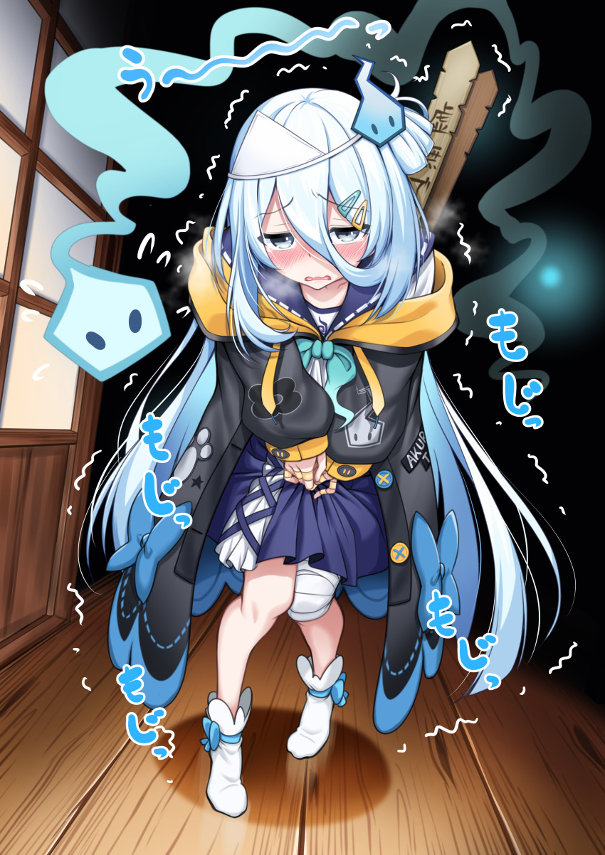 1girl, absurdres, blush, collarbone, commentary_request, full_body, ghost, ghost_girl, grey_hair, hair_between_eyes, hair_ornament, have_to_pee, highres, jacket, long_hair, looking_at_viewer, open_mouth, socks, solo, suzutuki_sui, thighs, varium, virtual_youtuber, yokojima_kemomi_mi_chuushin