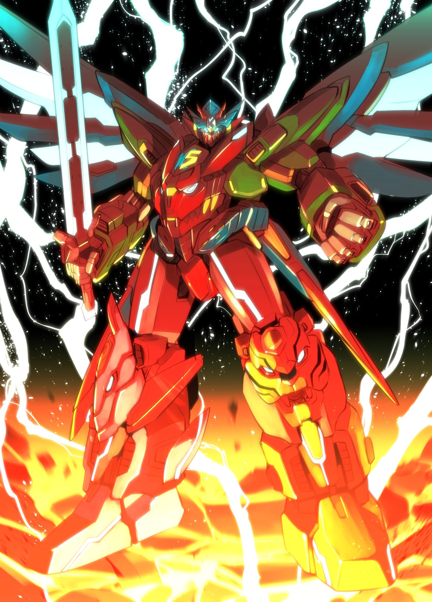 absurdres, black_background, clenched_hand, crack, cracked_floor, energy, explosion, highres, holding, holding_sword, holding_weapon, ishiyumi, maximum_kizuna_kaiser, mecha, mecha_focus, no_humans, robot, sentai_red_ga_isekai_de_boukensha_ni_naru, super_robot, sword, weapon, wings