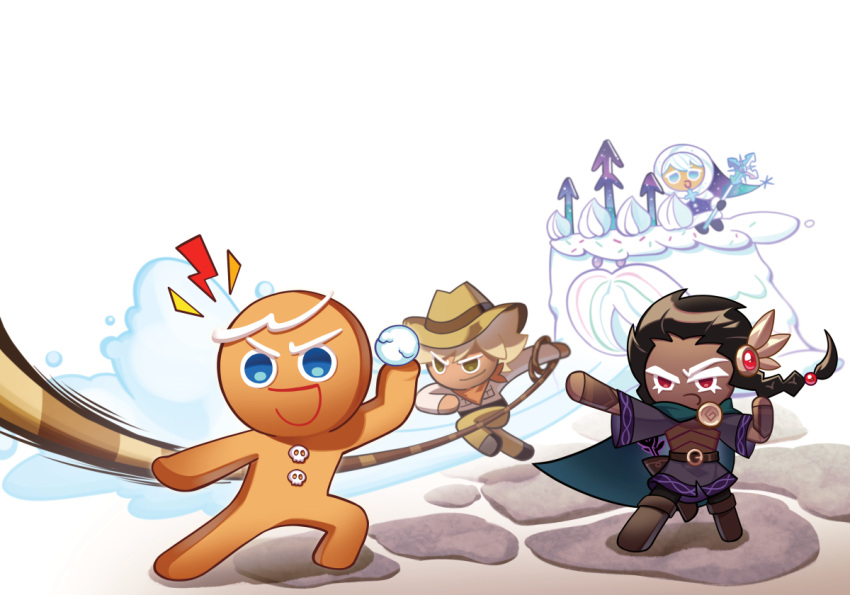 1other, 3boys, adventurer_cookie, belt, black_hair, blonde_hair, blue_eyes, braid
