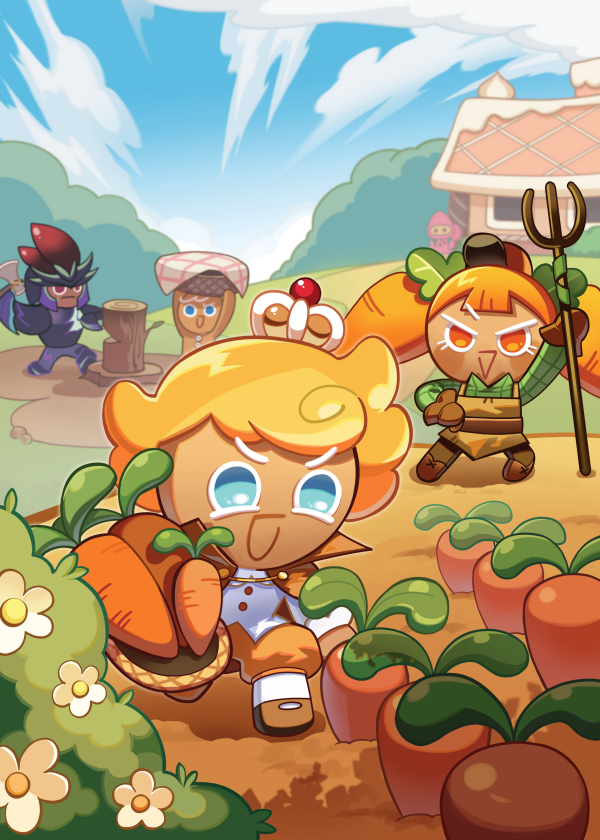 2girls, 3boys, blonde_hair, blue_eyes, carrot, carrot_cookie, character_request, clouds