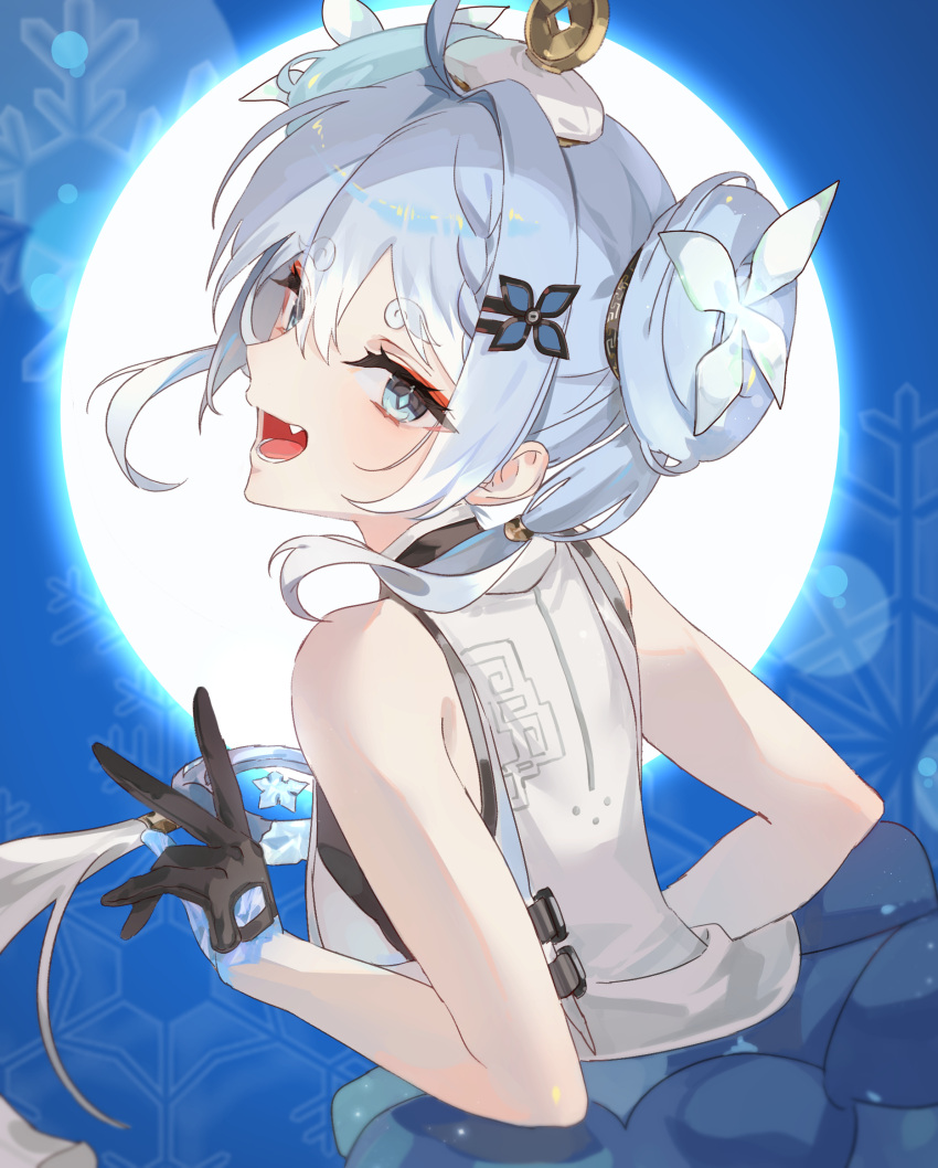 1girl, :d, ahoge, bare_shoulders, black_gloves, black_shirt, blue_background, blue_eyes