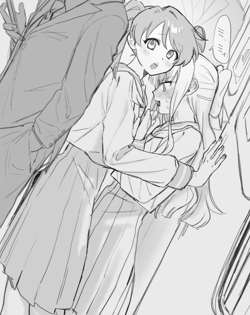 1other, 2girls, absurdres, blush, business_suit, commentary_request, from_side, full-face_blush
