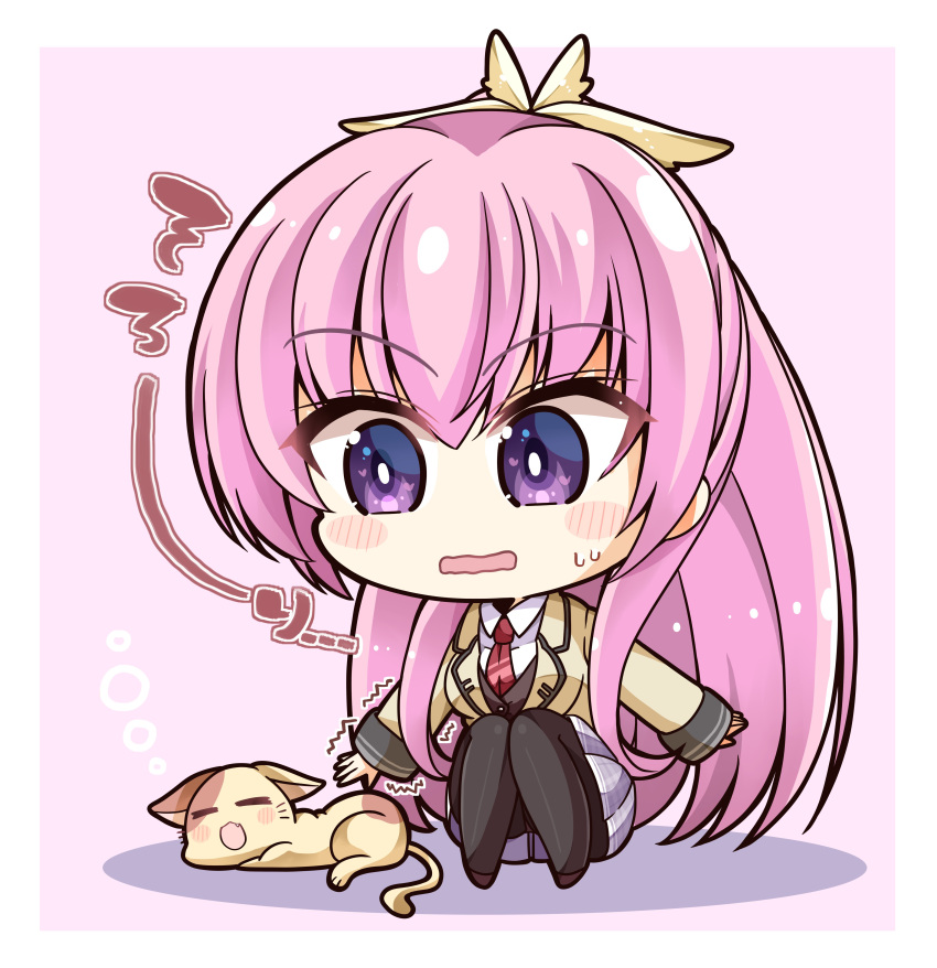 1girl, =_=, absurdres, black_pantyhose, blush_stickers, border, bright_pupils, cat