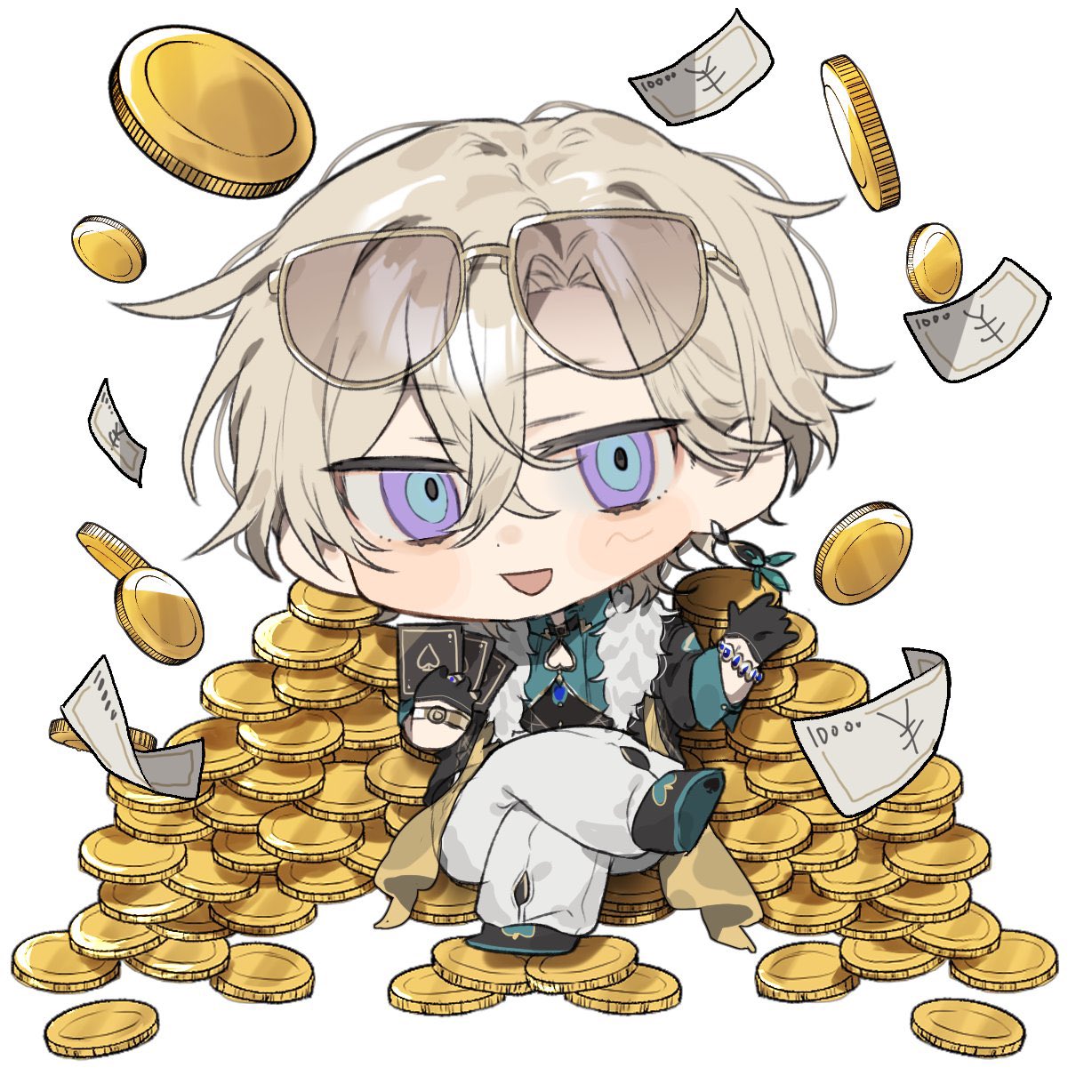 1boy, ace_(playing_card), ace_of_spades, aventurine_(honkai:_star_rail), banknote, black_collar, black_footwear, black_gloves