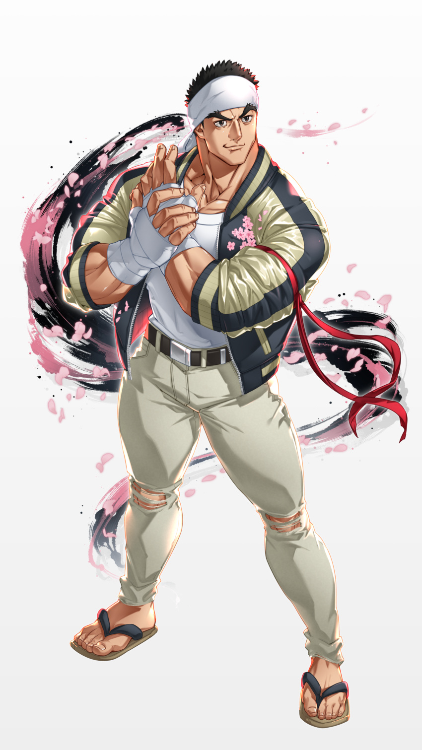 1boy, bandaged_hand, bandages, belt, black_hair, falling_petals, full_body, harigiri305