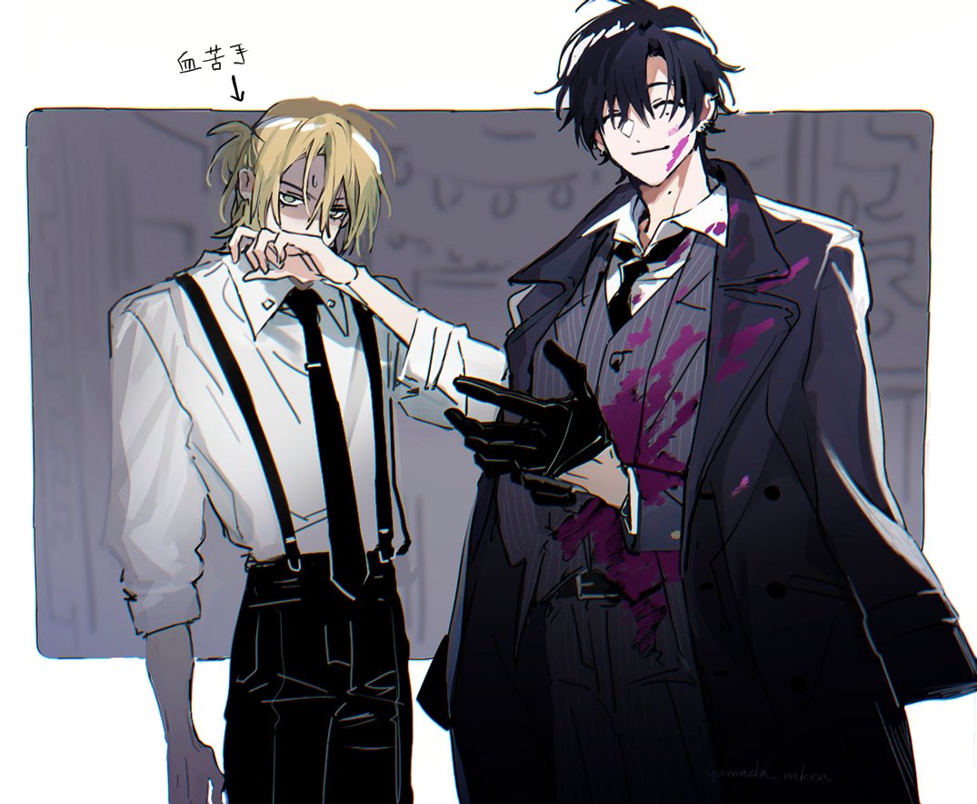 2boys, asymmetrical_bangs, belt, black_belt, black_coat, black_gloves, black_hair, black_necktie