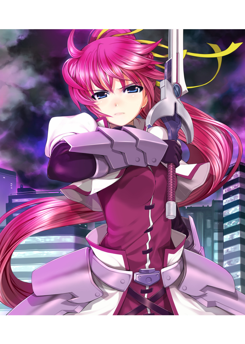 1girl, absurdres, armor, armored_dress, blue_eyes, gauntlets, hair_ribbon, highres, holding, holding_sword, holding_weapon, laevatein_(nanoha), long_hair, looking_at_viewer, lyrical_nanoha, mahou_shoujo_lyrical_nanoha, mahou_shoujo_lyrical_nanoha_a's, mahou_shoujo_lyrical_nanoha_the_movie_2nd_a's, mikazuki_akira!, night, non-web_source, outdoors, ponytail, purple_hair, ribbon, signum, solo, sword, weapon, weiss_schwarz, yellow_ribbon