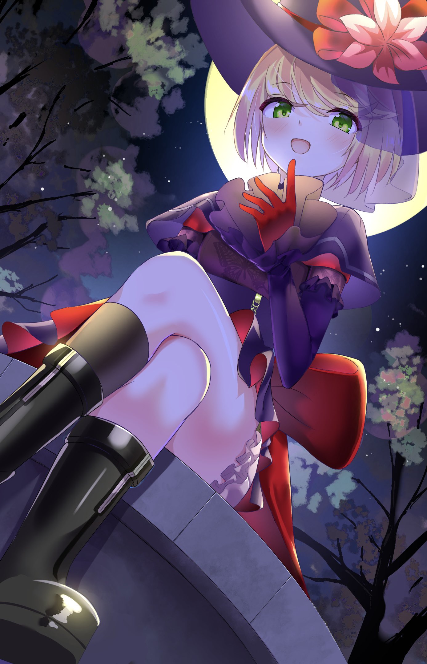 1girl, :d, back_bow, black_footwear, black_hat, blonde_hair, blush, boots, bow, capelet, commentary_request, crossed_legs, dress, dutch_angle, eyes_visible_through_hair, flower, foot_out_of_frame, frilled_sleeves, frills, full_moon, gloves, green_eyes, hand_up, hat, hat_flower, heaven_burns_red, highres, huge_bow, irene_redmayne, long_sleeves, looking_at_viewer, moon, night, open_mouth, outdoors, pink_flower, purple_capelet, purple_dress, red_bow, red_gloves, short_dress, short_hair, sitting, smile, solo, swept_bangs, yoanium
