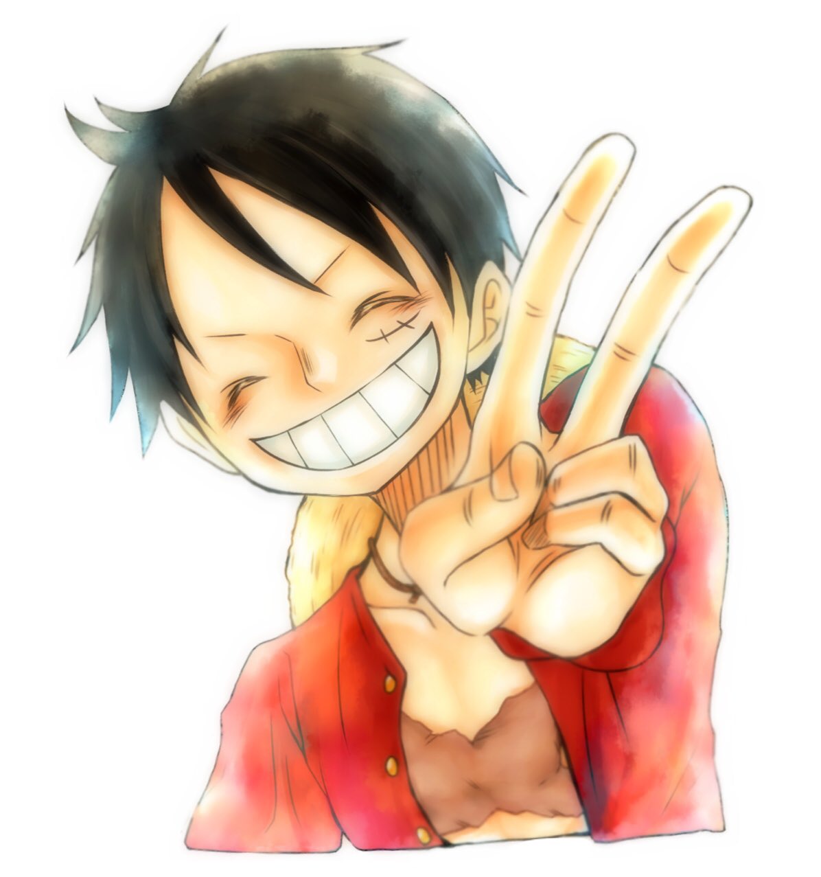 1boy, ^_^, black_hair, closed_eyes, commentary_request, hat, highres, long_sleeves, male_focus, monkey_d._luffy, one_piece, open_clothes, open_shirt, scar, scar_on_chest, scar_on_face, short_hair, simple_background, sj0302, smile, solo, straw_hat, v, white_background