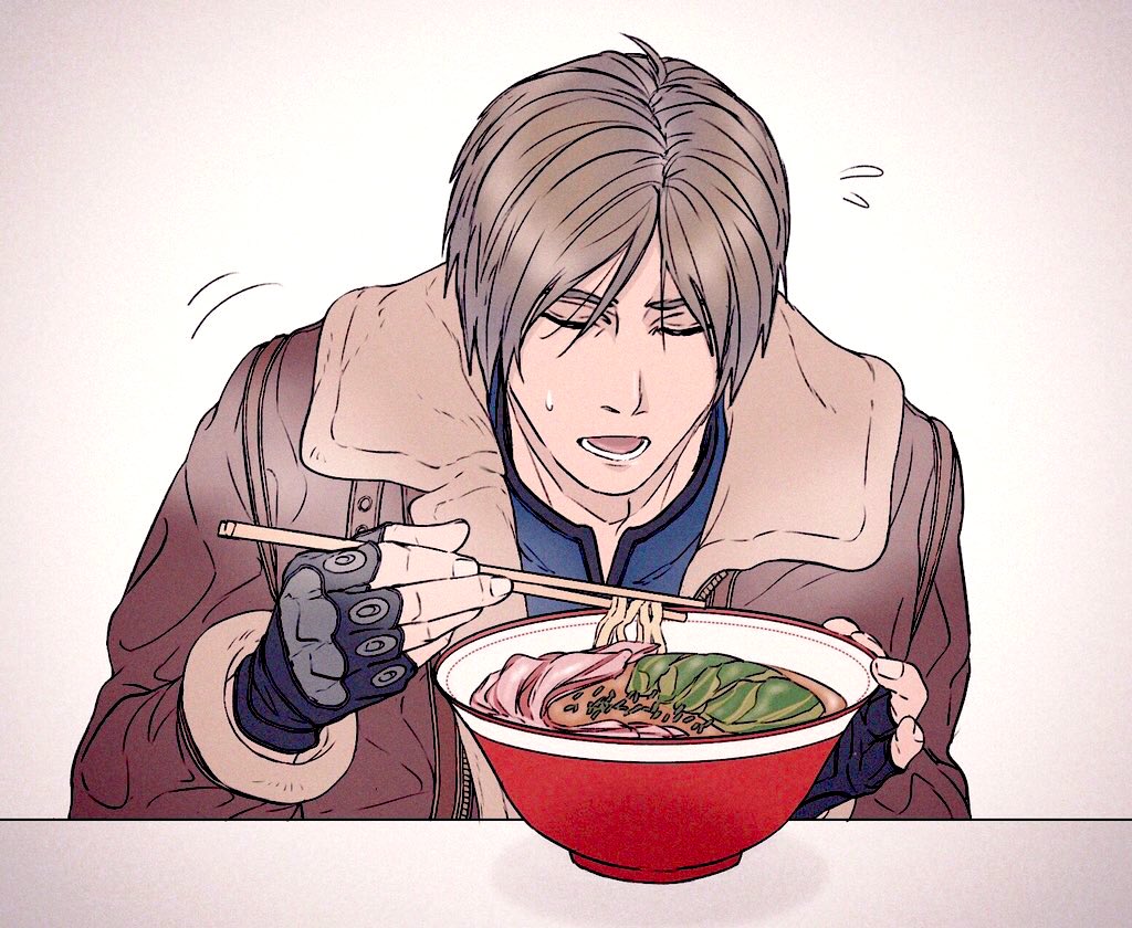 1boy, an_chovy, black_gloves, blue_shirt, bowl, brown_hair, brown_jacket, chopsticks, closed_eyes, closed_mouth, commentary, fingerless_gloves, flying_sweatdrops, food, gloves, hands_up, holding, holding_chopsticks, holding_with_chopsticks, jacket, lapels, leon_s._kennedy, long_sleeves, lower_teeth_only, male_focus, noodles, open_mouth, ramen, resident_evil, resident_evil_4, shirt, simple_background, sitting, sleeve_cuffs, solo, sweatdrop, teeth, two-sided_fabric, two-sided_jacket, undershirt, white_background