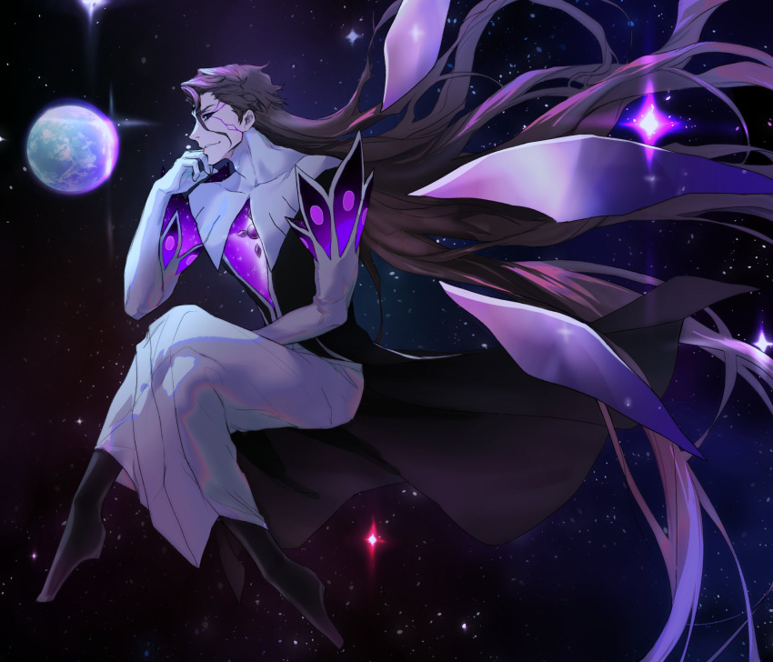 1boy, aizen_sousuke, alternate_form, black_footwear, bleach, bleach:_brave_souls, brown_hair, colored_sclera, crossed_legs, detached_arm, detached_wings, earth_(planet), elbow_gloves, facial_mark, floating, floating_hair, gloves, hand_on_own_chin, high_collar, highres, hogyoku_(bleach), long_hair, loose_hair_strand, losloslaus, mullet, planet, purple_sclera, smirk, solo, space, star_(sky), third_eye, very_long_hair, white_eyes, wings