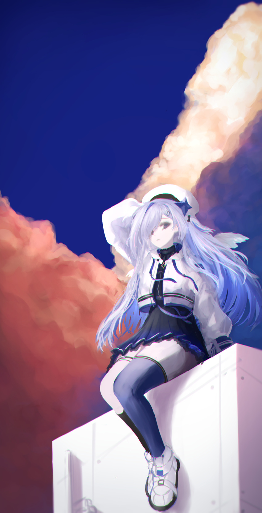 1girl, absurdres, amane_kanata, amane_kanata_(work), angel_wings, arm_behind_head, arm_support, asymmetrical_legwear, beret, black_bow, black_dress, black_socks, blue_eyes, blue_hair, blue_sky, blue_thighhighs, bow, clouds, cloudy_sky, commentary_request, cropped_hoodie, drawstring, dress, dusk, floating_hair, frilled_shirt_collar, frills, frown, gold_necklace, hair_bow, hair_over_one_eye, hat, highres, hololive, hood, hood_down, hoodie, jdnyang, jewelry, kneehighs, light_blue_hair, long_hair, long_sleeves, looking_at_viewer, mini_wings, mismatched_legwear, necklace, official_alternate_costume, one_side_up, open_clothes, open_hoodie, pale_skin, pleated_dress, puffy_long_sleeves, puffy_sleeves, shoes, short_dress, single_hair_intake, single_sock, single_thighhigh, sitting, sky, sneakers, socks, solo, sparkle_hair_ornament, thick_thighs, thigh-highs, thighs, uneven_legwear, very_long_hair, white_footwear, white_hat, white_hoodie, white_wings, wide_shot, wings
