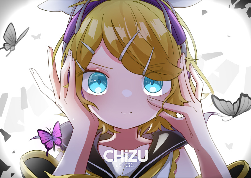 1girl, 421ooouy, absurdres, artist_name, black_sailor_collar, blonde_hair, blue_eyes, bow