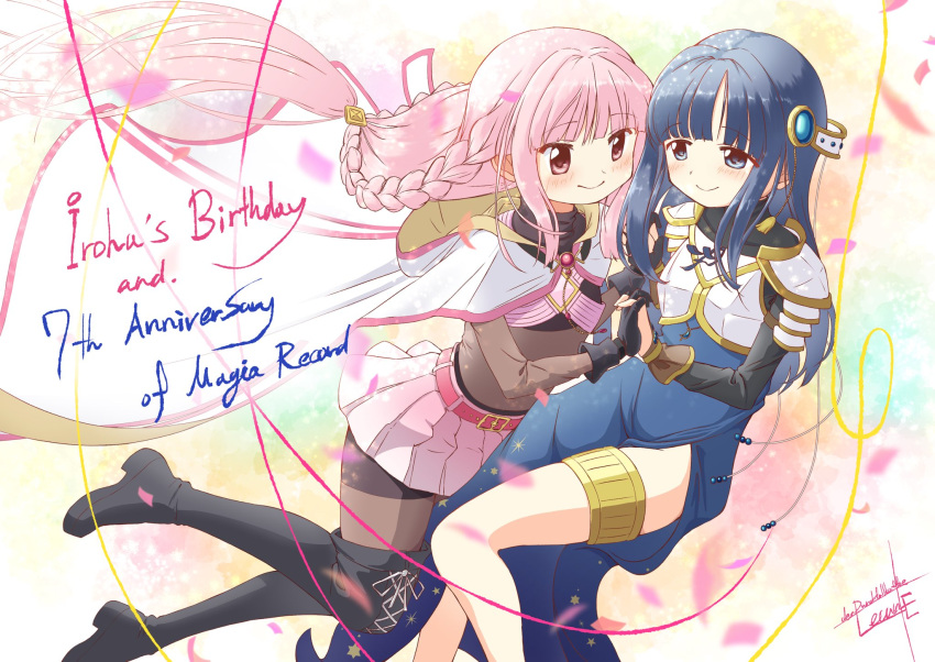 anniversary, armor, bare_legs, belt, birthday, blue_hair, blunt_bangs, bodystocking, boots, breastplate, cloak, durchfallkaffee_levante, highres, hood, hood_up, hooded_cloak, long_hair, magia_record:_mahou_shoujo_madoka_magica_gaiden, magical_girl, mahou_shoujo_madoka_magica, nanami_yachiyo, pink_belt, pink_eyes, pink_gemstone, pink_hair, soul_gem, tamaki_iroha, very_long_hair, white_armor, white_cloak, white_hood