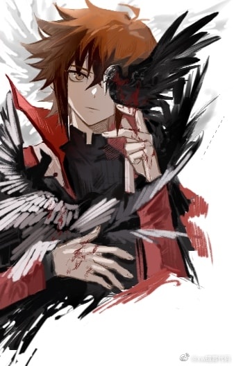 1boy, bird, bird_in_front_of_eye, bird_on_hand, black_shirt, blood, brown_eyes, cropped_torso, crow, duel_academy_uniform_(yu-gi-oh!_gx), expressionless, hair_between_eyes, jacket, long_sleeves, looking_at_viewer, male_focus, multicolored_hair, red_jacket, shirt, short_hair, solo, tsurime, two-tone_hair, unfinished, white_background, xw3147320553321, yu-gi-oh!, yu-gi-oh!_gx, yuki_judai