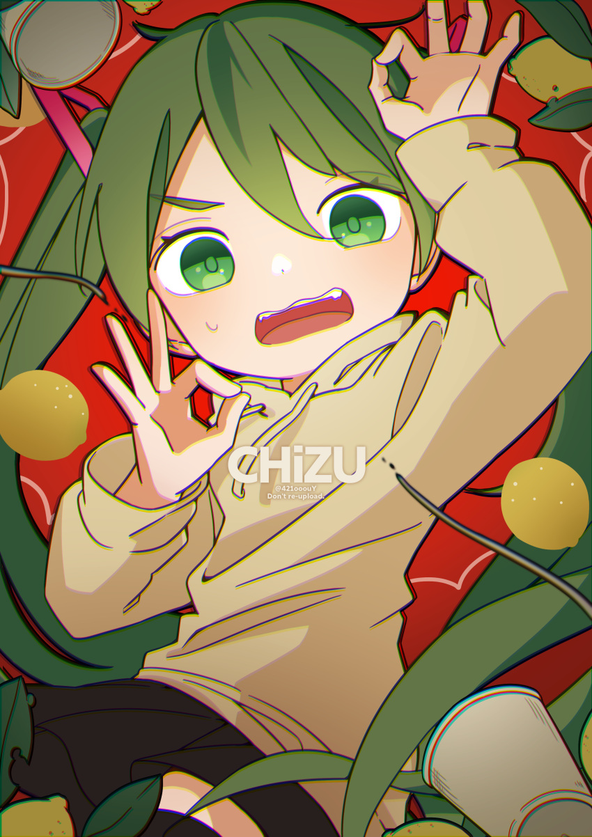 1girl, 421ooouy, absurdres, alternate_eye_color, alternate_hair_color, artist_name, culture_(vocaloid), cup, food, fruit, green_eyes, green_hair, hair_between_eyes, hair_ornament, hatsune_miku, highres, hood, hood_down, hoodie, leaf, lemon, long_hair, long_sleeves, looking_at_viewer, ok_sign, open_mouth, red_background, simple_background, skirt, solo, surprised, teeth, twintails, vocaloid, watermark