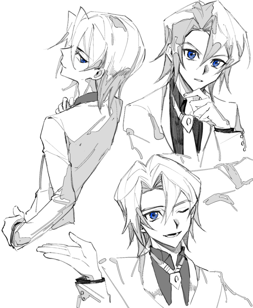 1boy, blue_eyes, collage, cropped_torso, edo_phoenix, formal, hair_between_eyes, highres