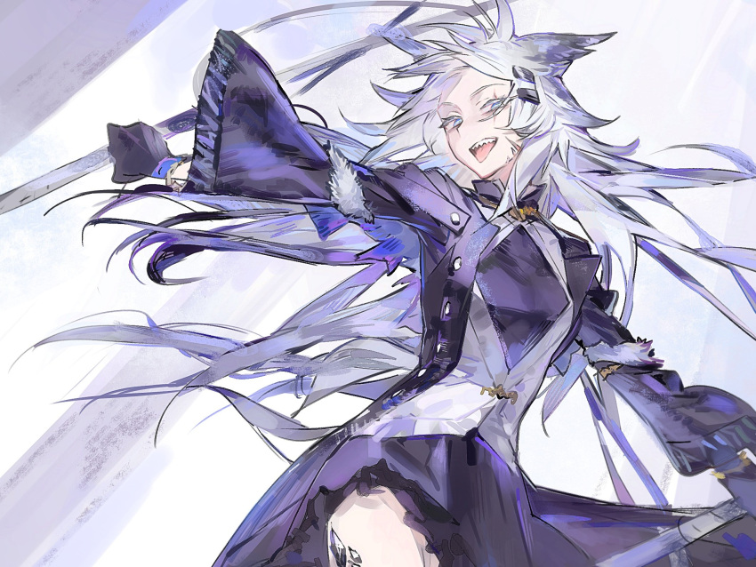 1girl, animal_ears, arknights, buttons, coat, cowboy_shot, crystal_fish, gloves, grey_eyes, grey_hair, grey_vest, hair_ornament, hairclip, highres, holding, lappland_(arknights), lappland_(refined_horrormare)_(arknights), long_hair, long_sleeves, official_alternate_costume, open_clothes, open_coat, open_mouth, outstretched_arms, purple_coat, purple_gloves, purple_skirt, scar, scar_across_eye, sharp_teeth, sketch, skirt, smile, solo, teeth, tongue, tongue_out, unbuttoned, upper_teeth_only, vest, wolf_ears, wolf_girl