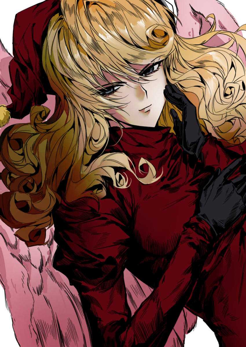 blonde_hair, breasts, curly_hair, duel_monster, dutch_angle, evil_smile, eyelashes, fairywitch, feathered_wings, gloves, grey_eyes, hand_on_own_cheek, hand_on_own_face, highres, long_hair, long_sleeves, looking_to_the_side, medium_breasts, pink_wings, smile, solo, tsurime, upper_body, wings, xw3147320553321, yu-gi-oh!, yu-gi-oh!_duel_monsters