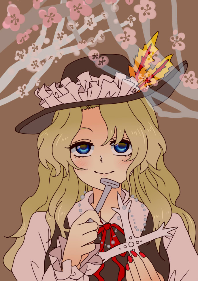 1girl, blonde_hair, blue_eyes, branch, breasts, brown_background, brown_hat, brown_vest