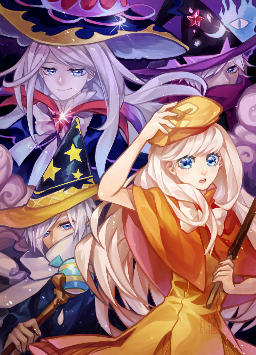 1girl, 3boys, bare_arms, beret, black_hat, blue_hat, blue_robe, bow