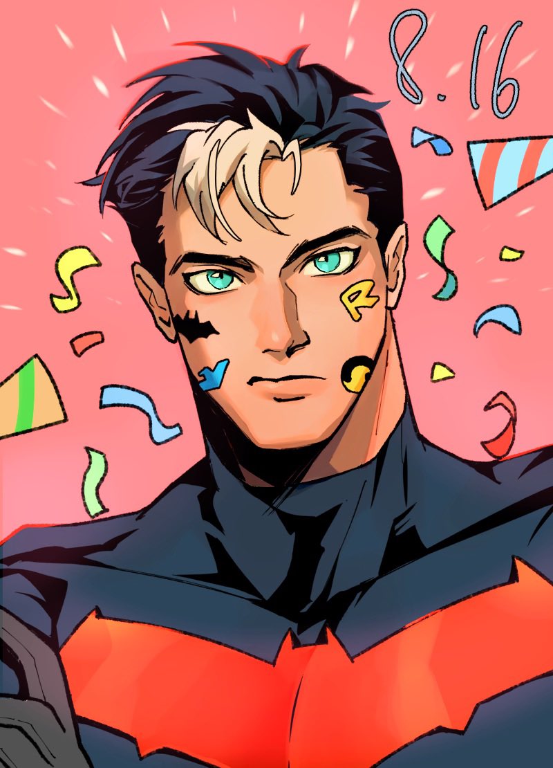 batman_(series), batman_symbol, black_bodysuit, black_hair, bodysuit, dc_comics, green_eyes, grey_bodysuit, happy_birthday, jason_todd, mag6_osashi3, male_focus, multicolored_hair, nightwing_symbol, red_hood_(dc), robin_symbol, short_hair, simple_background, sticker_on_face, superhero_costume, two-tone_bodysuit, two-tone_hair, white_hair