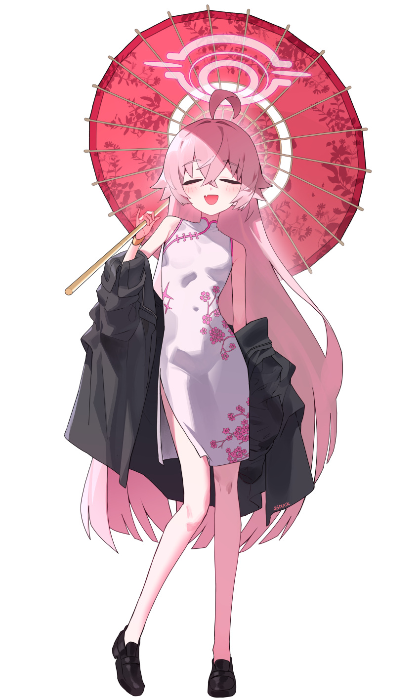 1girl, 26duck, aboge, absurdres, alternate_costume, antenna_hair, black_jacket, blue_archive, bracelet, china_dress, chinese_clothes, dress, full_body, highres, hoshino_(blue_archive), jacket, jewelry, long_hair, off_shoulder, oil-paper_umbrella, pink_hair, simple_background, solo, umbrella, white_background
