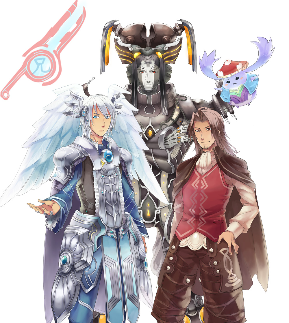 android, armor, blue_eyes, brown_hair, cape, character_request, dunban, egil, facial_hair, head_wings, jewelry, kallian, long_hair, multiple_boys, ring, sen_nai, silver_hair, stubble, sword, weapon, xenoblade