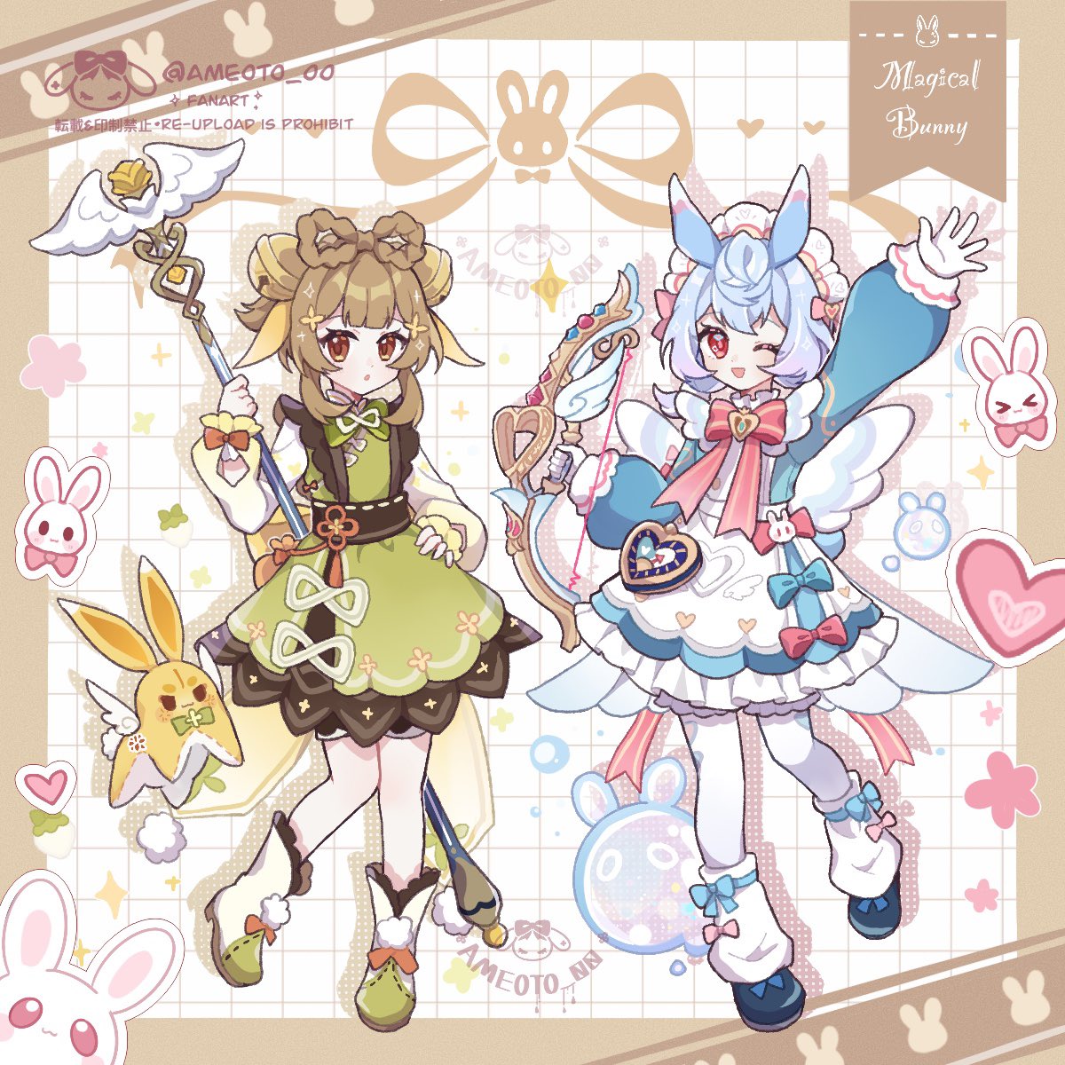 >_<, 2girls, :o, ;d, ameoto_00, animal_ears, apron, aqua_bow, aqua_dress, artist_name, back_bow, bell, black_footwear, bloomers, blue_hair, blunt_bangs, blush, boots, border, bow, bow-shaped_hair, bow_(weapon), bowtie, braid, brooch, brown_border, brown_dress, brown_eyes, brown_hair, bubble, buttons, commentary_request, crossed_bangs, dialogues_of_the_desert_sages_(genshin_impact), double-breasted, dress, drop_shadow, english_text, eyelashes, flower_(symbol), frilled_dress, frilled_shirt_collar, frilled_sleeves, frills, fur-trimmed_boots, fur_trim, genshin_impact, gloves, gradient_clothes, gradient_hair, gradient_sleeves, green_bow, green_bowtie, green_dress, grid_background, hair_bell, hair_between_eyes, hair_ornament, hand_up, heart, highres, holding, holding_bow_(weapon), holding_staff, holding_weapon, jewelry, jingle_bell, leg_warmers, long_sleeves, looking_at_viewer, low_twintails, maid_headdress, medium_hair, multicolored_hair, multiple_girls, one_eye_closed, open_mouth, orange_bow, pantyhose, pink_bow, pom_pom_(clothes), pom_pom_hair_ornament, puffy_long_sleeves, puffy_sleeves, purple_hair, rabbit, radish, red_bow, red_bowtie, red_eyes, red_ribbon, ribbon, shoes, sidelocks, sigewinne_(genshin_impact), silvershower_heartstrings_(genshin_impact), simple_background, smile, sparkle, staff, stuffed_animal, stuffed_rabbit, stuffed_toy, tassel, twintails, twitter_username, watermark, weapon, white_apron, white_background, white_footwear, white_gloves, white_leg_warmers, white_pantyhose, yaoyao_(genshin_impact), yellow_bow, yuegui_(genshin_impact)