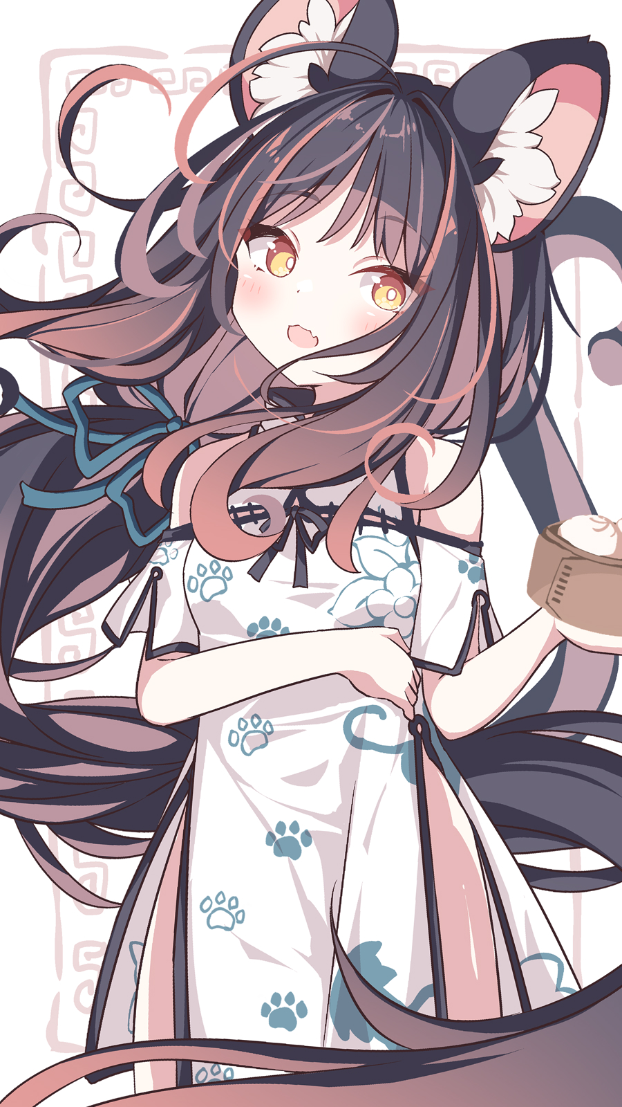 1girl, :d, animal_ear_fluff, animal_ears, bamboo_steamer, baozi, bare_shoulders, black_hair, blush, brown_eyes, brown_hair, cat_ears, cat_girl, cat_tail, china_dress, chinese_clothes, commentary_request, daidai_ookami, dress, food, hand_up, head_tilt, highres, holding, long_hair, meandros_border, multicolored_hair, original, paw_print, print_dress, smile, solo, tail, two-tone_hair, very_long_hair, white_background