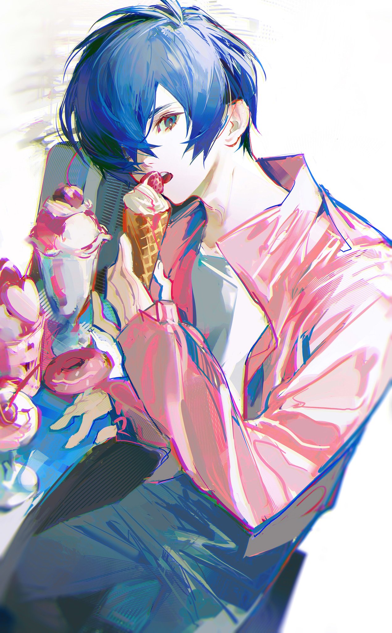 1boy, arm_up, blue_eyes, blue_hair, blue_pants, candy_heart, cherry, collared_shirt