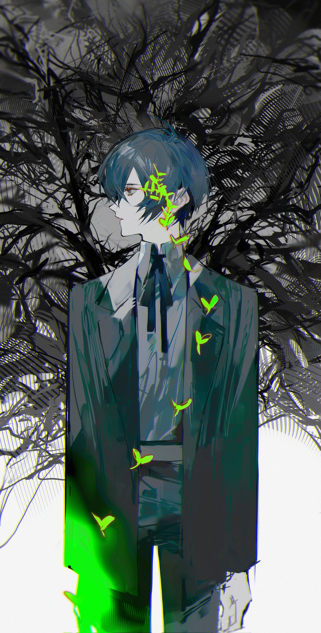 1boy, bare_tree, black_jacket, black_ribbon, blue_eyes, blue_hair, branch, collared_shirt