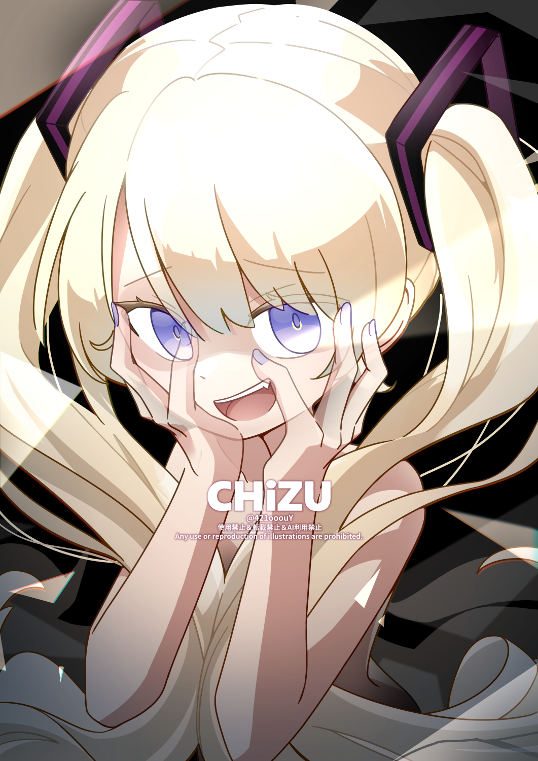 1girl, 421ooouy, artist_name, fang, hair_between_eyes, hands_on_own_cheeks, hands_on_own_face, hatsune_miku