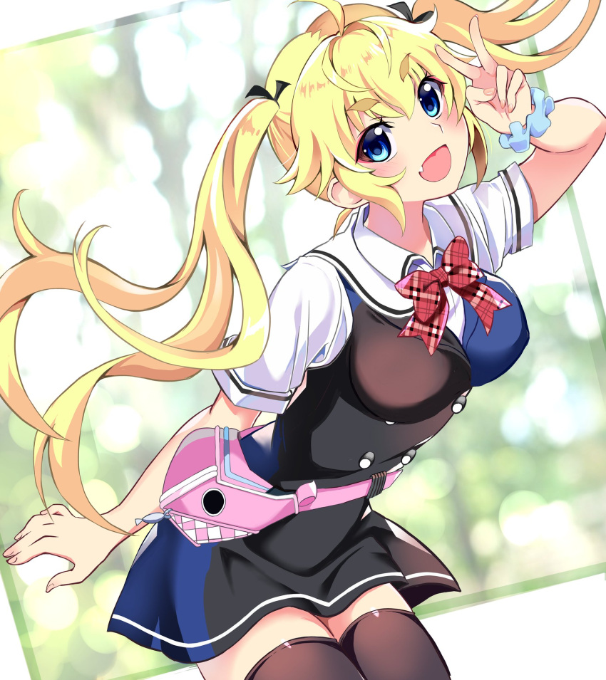 1girl, :d, ahoge, arm_at_side, belt_pouch, black_dress, black_ribbon, black_thighhighs