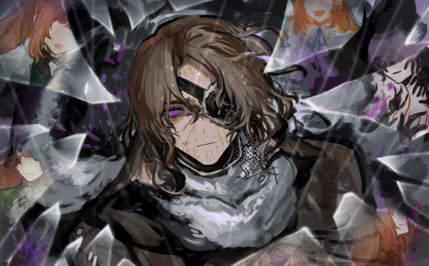 1boy, brown_coat, brown_hair, catherine_(project_moon), closed_mouth, coat, collared_shirt, commentary, eyepatch, flower, glass_shards, heathcliff_(project_moon), highres, limbus_company, long_hair, looking_at_viewer, nishikujic, open_mouth, parted_bangs, project_moon, purple_flower, rain, scarf, shirt, sidelocks, smile, violet_eyes, white_scarf, white_shirt, wild_hunt_heathcliff_(project_moon), wuthering_heights_(identity)_(project_moon)