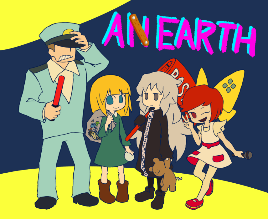 1boy, 3girls, an_earth, black_coat, blonde_hair, blue_eyes, bob_cut, brown_hair, coat, decker_(an_earth), doppel_(an_earth), dress, eight_(an_earth), grey_eyes, grey_hair, multiple_girls, okajamira, police, pris_(an_earth), red_eyes, redhead, ribbon, stuffed_animal, stuffed_toy, trash