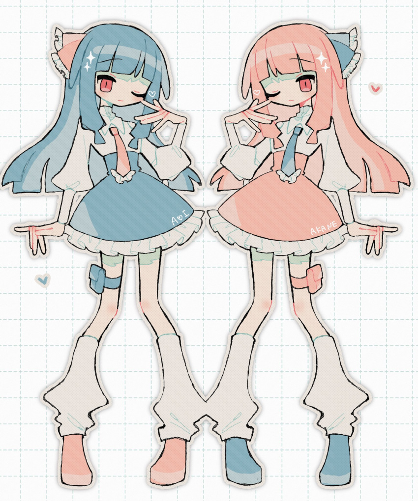 2girls, blue_footwear, blue_hair, blue_necktie, blue_ribbon, blue_skirt, character_name, closed_mouth