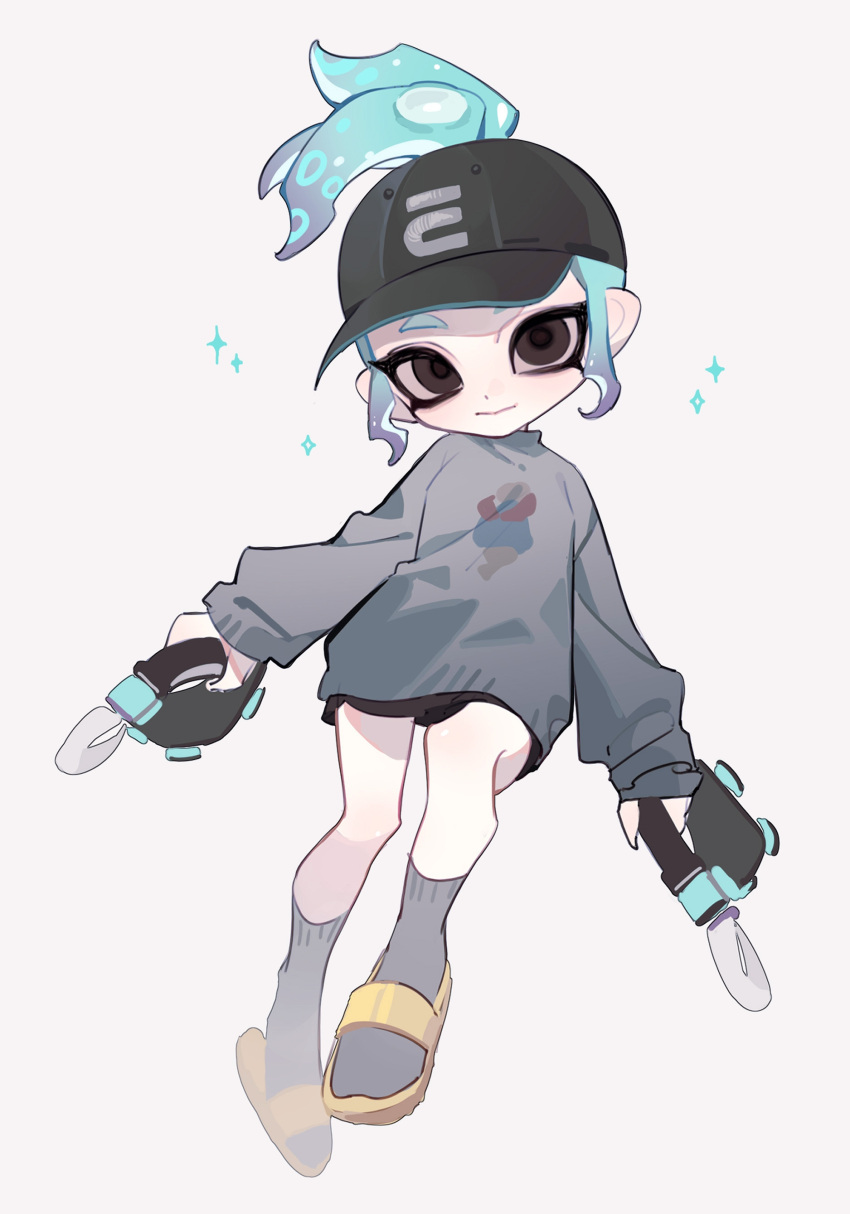 1girl, :>, absurdres, ankle_socks, aqua_hair, arms_at_sides, baseball_cap, black_hat