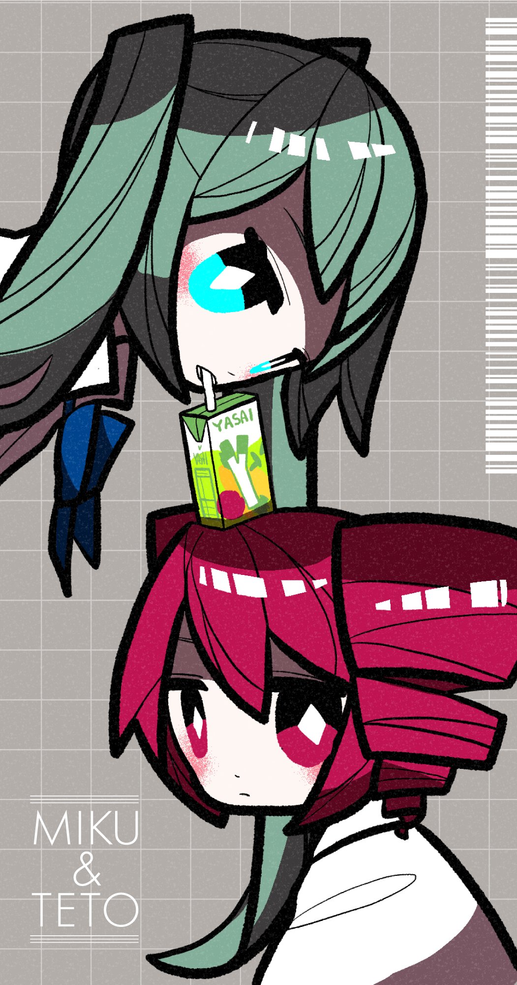 alternate_costume, aqua_eyes, barcode, blue_bow, blue_bowtie, bow, bowtie, character_name, closed_mouth, commentary, drill_hair, drinking, drinking_straw, drinking_straw_in_mouth, food, food_on_head, green_hair, grey_background, grid_background, hatsune_miku, highres, juice_carton, kasane_teto, long_hair, looking_at_viewer, looking_to_the_side, nano_393, object_on_head, parted_lips, red_eyes, redhead, shirt, symbol-only_commentary, twin_drills, twintails, utau, vocaloid, white_shirt