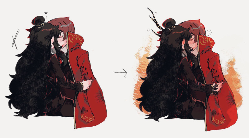 1boy, 1girl, black_hair, coat, coat_on_shoulders, dragon_horns, e.g.o_(project_moon), hair_bun