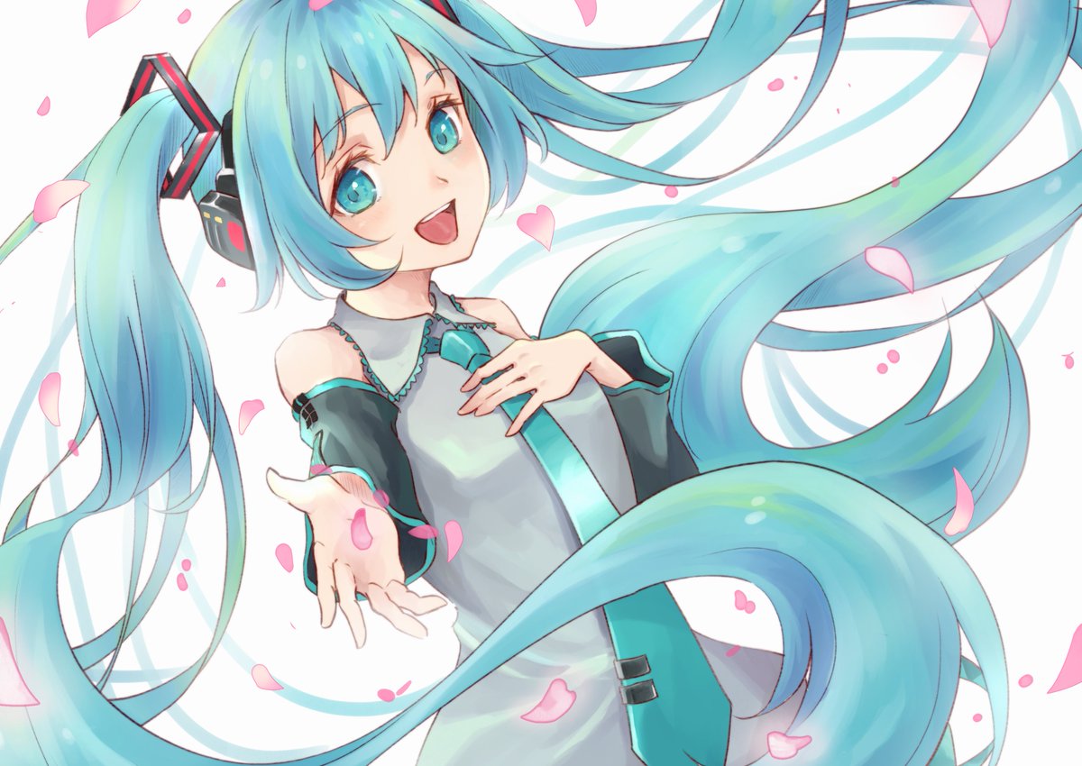 1girl, aqua_eyes, aqua_hair, aqua_necktie, black_sleeves, blue_eyes, detached_sleeves, grey_shirt