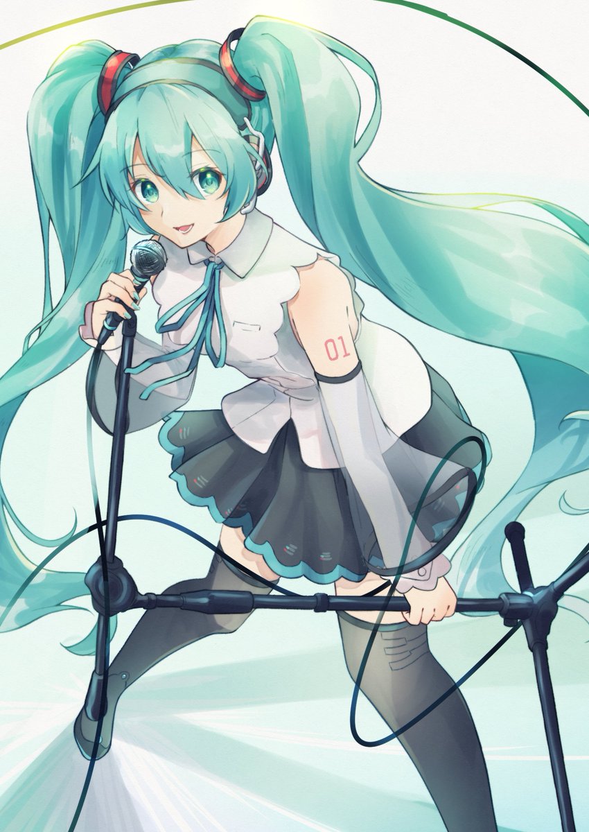1girl, aqua_eyes, aqua_hair, blue_eyes, detached_sleeves, grey_shirt, hatsune_miku, headphones, headset, highres, long_hair, microphone, number_tattoo, shirt, skirt, solo, t_amayuki_b, tattoo, thigh-highs, twintails, very_long_hair, vocaloid, zettai_ryouiki