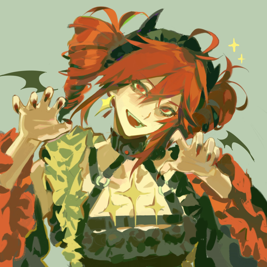 1girl, antenna_hair, bat_wings, black_ribbon, black_sleeves, claw_pose, detached_sleeves, dress