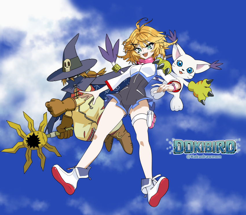 1girl, absurdres, ahoge, animal, aqua_eyes, black_romper, blonde_hair, boots