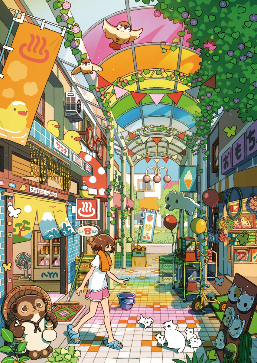 1girl, absurdres, animal, animal_balloon, awning, balloon, banner, bird